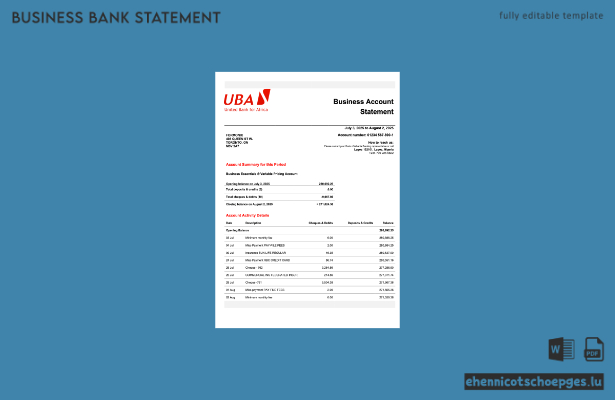 Beispiel eines Kontoauszugs des UBA-Geschäftskontos in Nigeria (Word- und PDF-Datei)